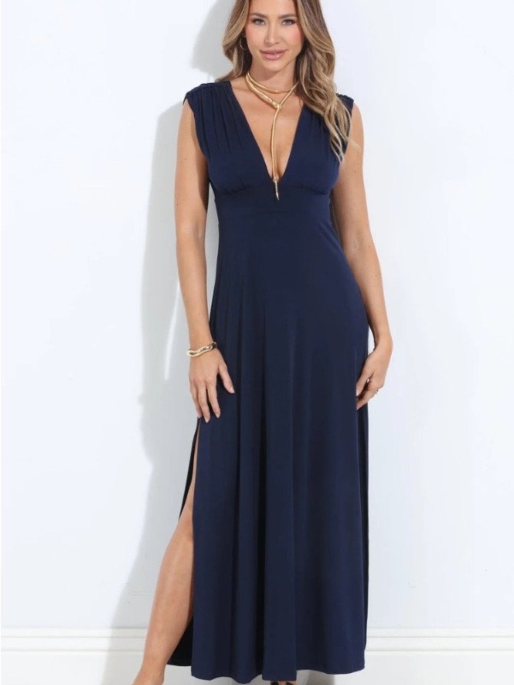 Veronica M Navy Sleeveless V-Neck Maxi with Side Slit